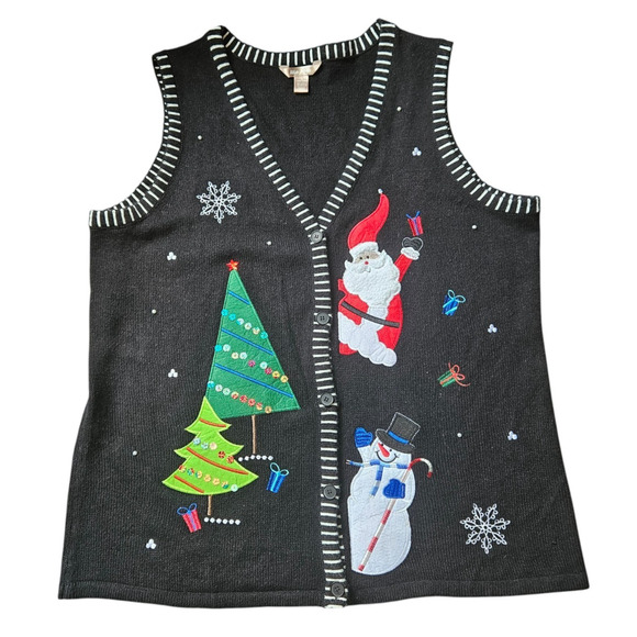 White Stag Womens 2X Ugly Christmas Vest Black 3D Pearls Snowman Santa Button Up - Picture 1 of 10